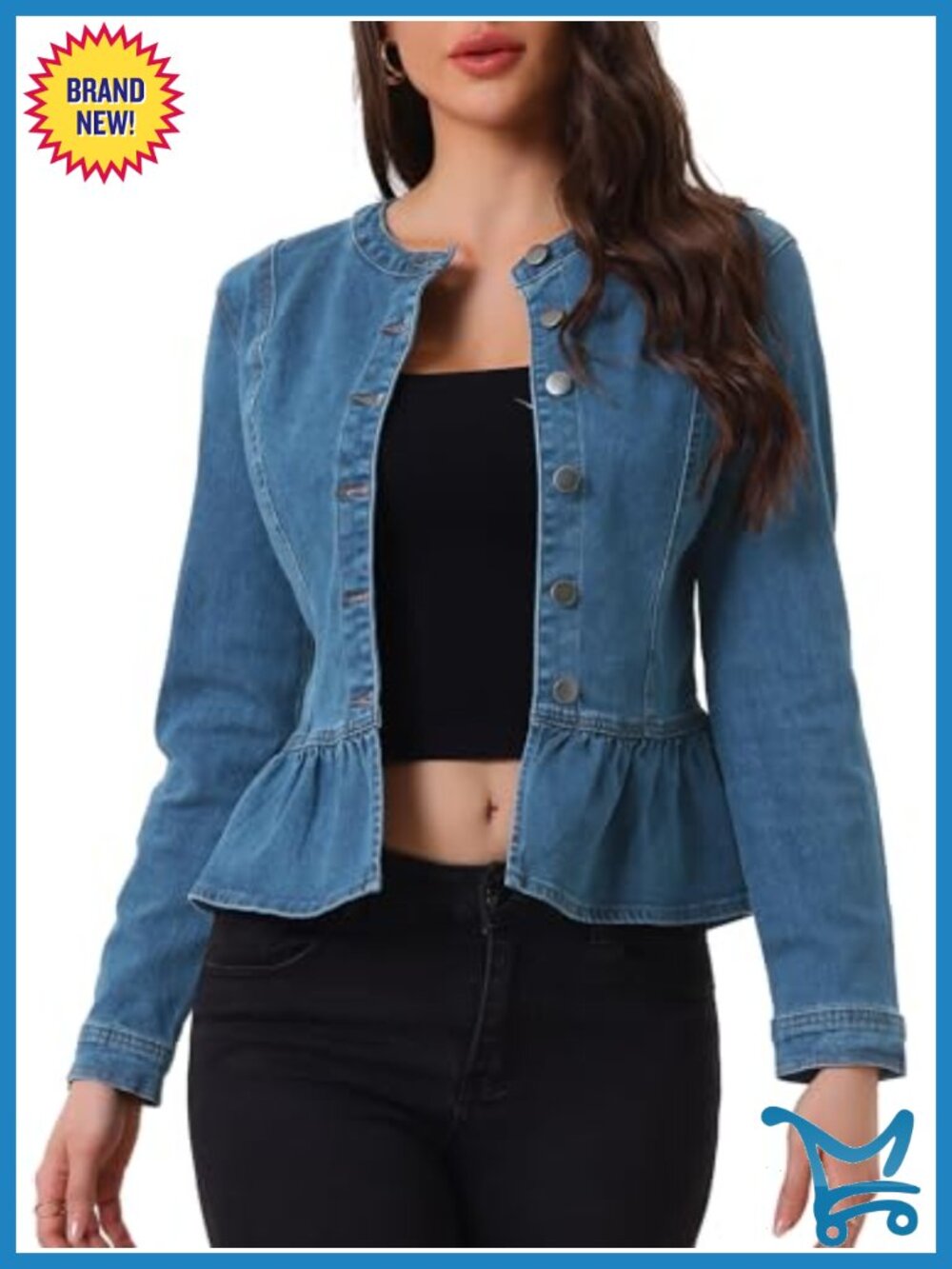 Collarless Peplum Denim Jacket Ruffle Hem Puff Sleeve Women's Jean Jacket